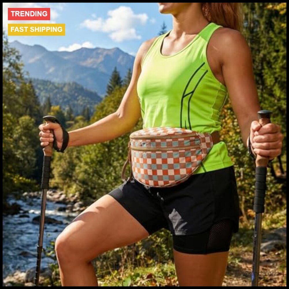 Checkered Crossbody Bag Nylon Bum Bag Spacious Hobo Purse Adjustable Strap - Picture 6 of 7